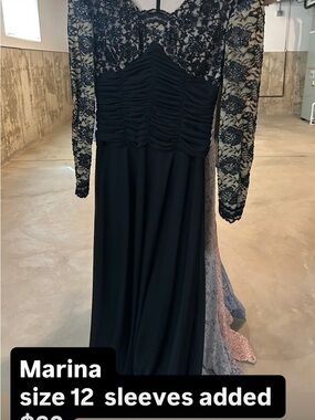 MARINA Black Long-Sleeve Lace Evening Gown